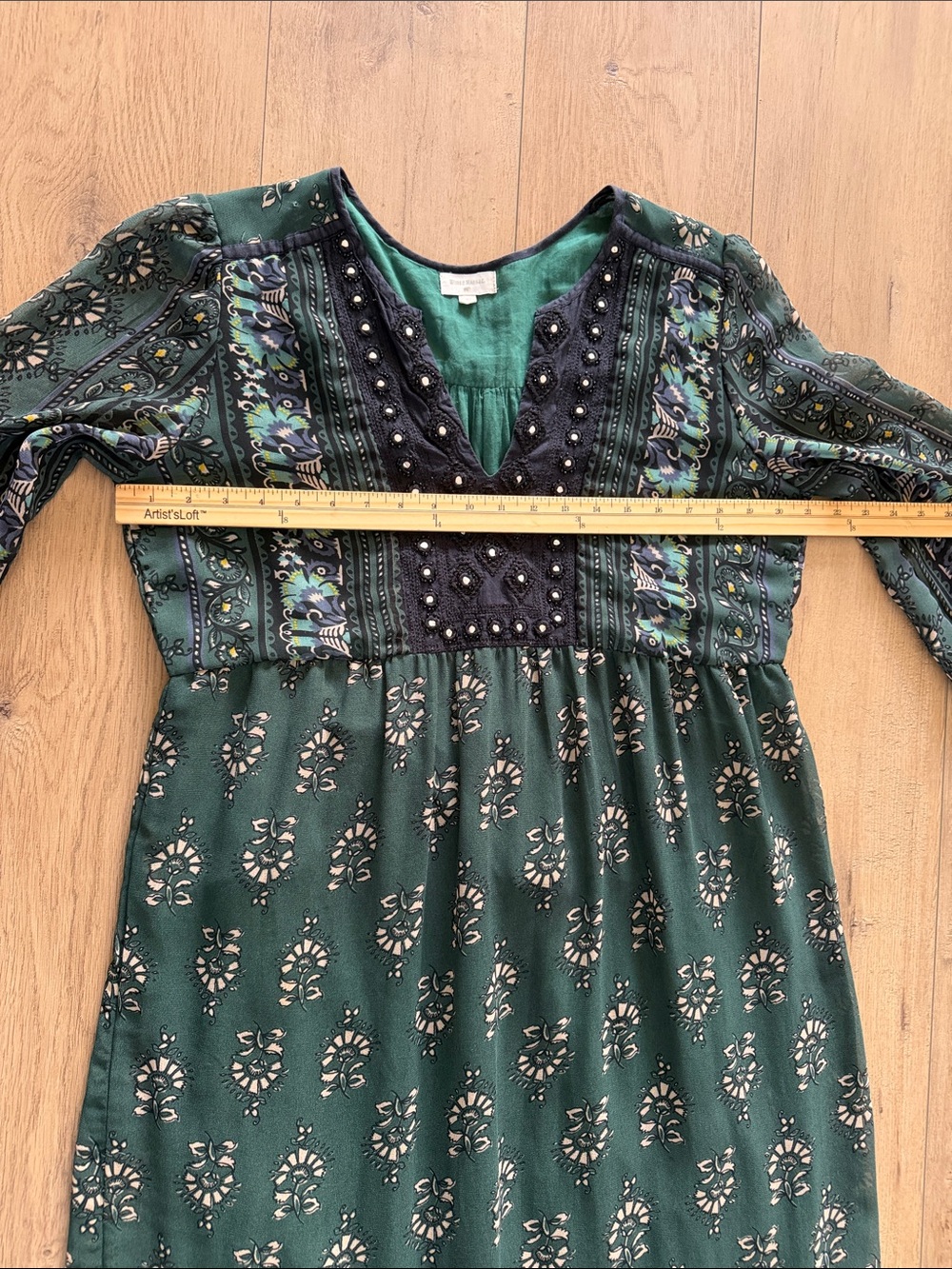 Cost Plus Boho Green Printed Tiered Maxi Dress Embellished Yoke Size L/XL Sheer - Picture 9 of 10